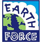 A blue and white logo with the words earth force